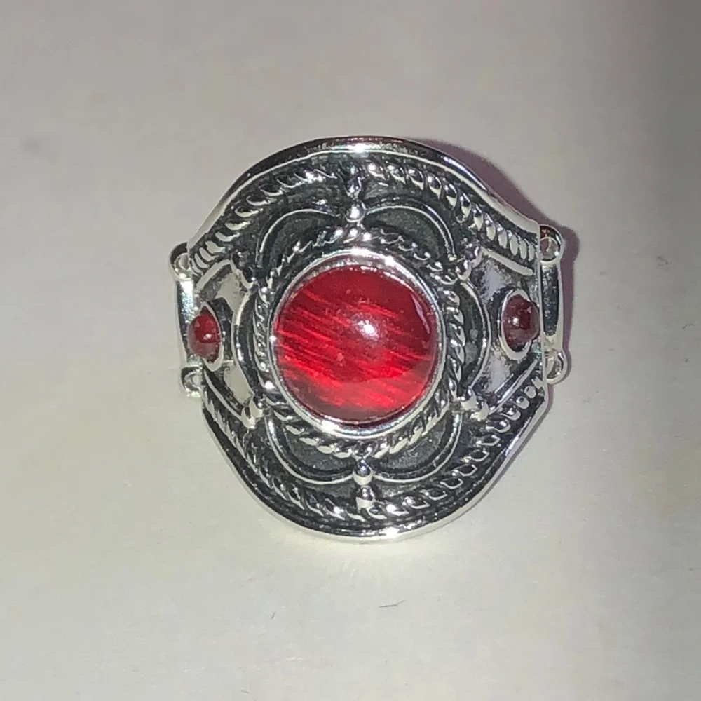 Red Faux Stone Silver Tone Filigree Boho Ring